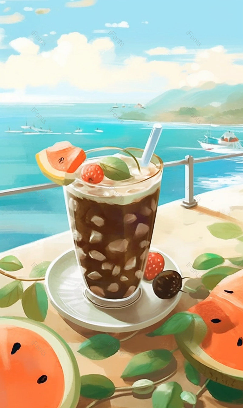 蓝色清新夏季饮品可乐海边度假插画背景,插画/手绘图,插画/手绘图库,插画/手绘图下载,插画/手绘